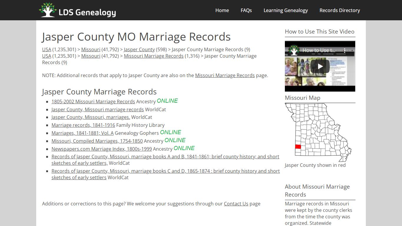 Jasper County MO Marriage Records - LDS Genealogy