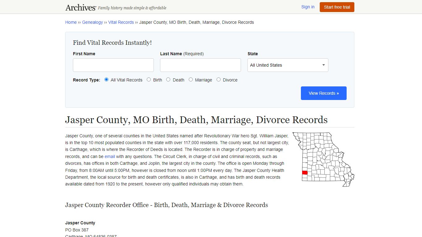 Jasper County, MO Birth, Death, Marriage, Divorce Records - Archives.com